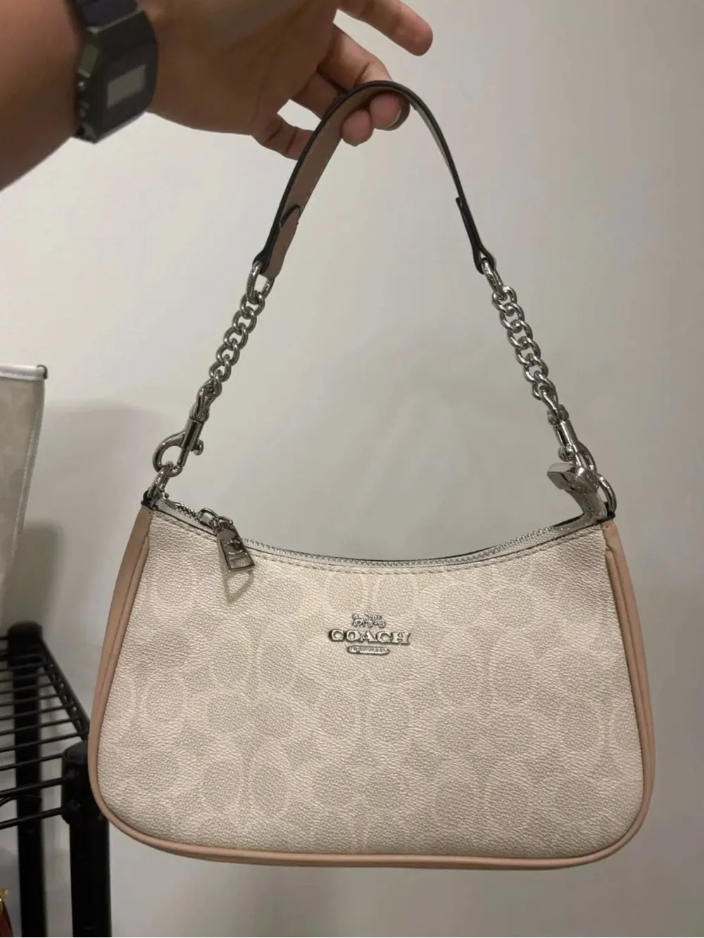 Coach Cream Signature Canvas Shoulder Bag with Blush Trim